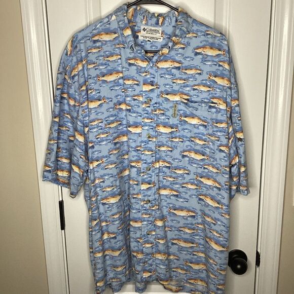 Mens Columbia  Short Sleeved Button‎ Front Fish Shirt XL - Picture 1 of 7